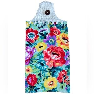 Hand Crafted Colorful Floral Hanging Kitchen Hand Towel with Button Closure